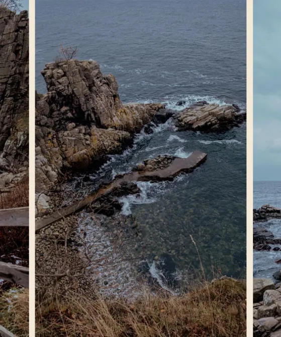Tre billeder af Helligdomsklipperne med rå klipper og brusende hav