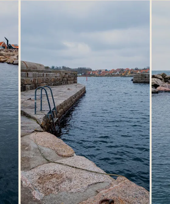 Tre billeder af Svaneke Havn med badestiger og udspringstårn