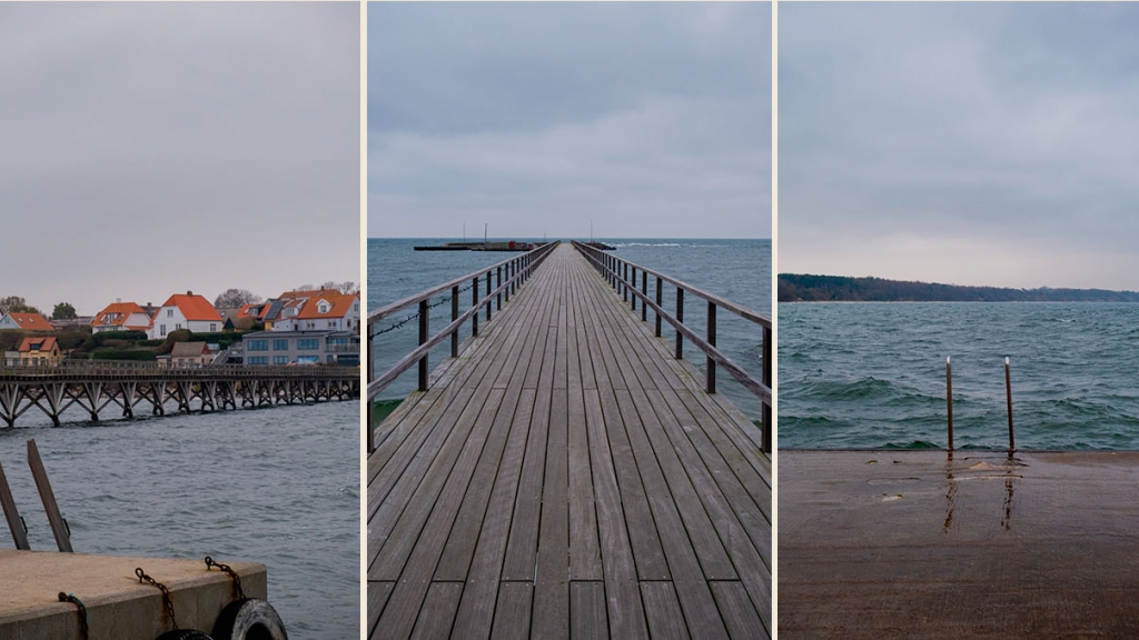 Tre billeder af Arnager bro med lang træbro og badestiger