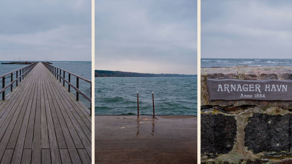 Tre billeder af Arnager bro og Arnager havn