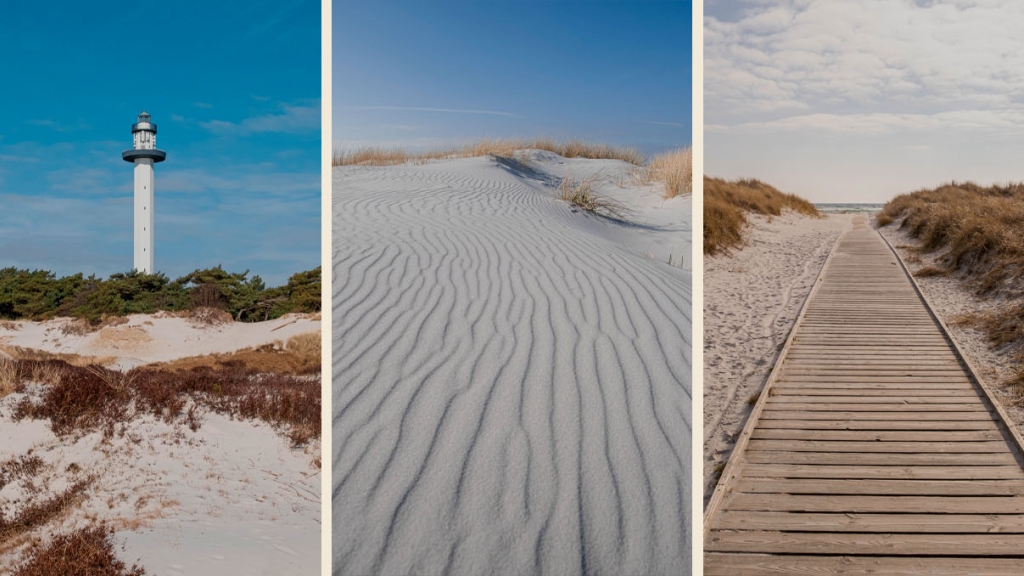 Tre billeder fra Dueodde Strand med fyrtårn og hvidt sand