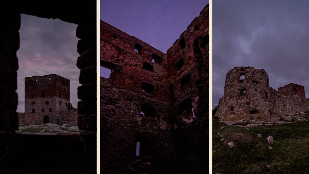 Tre billeder af Hammershus Slotsruin om aftenen