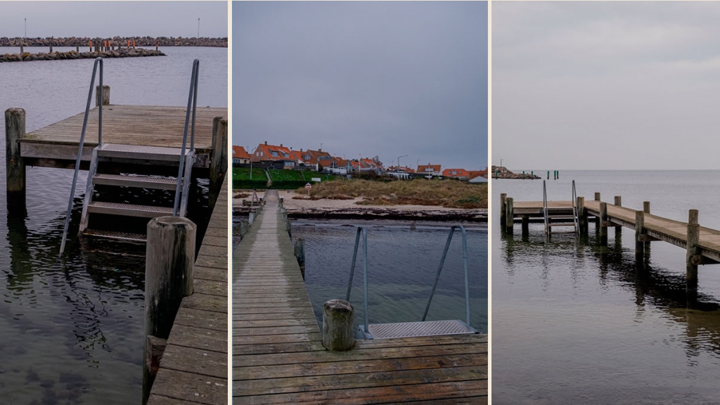 Tre billeder af Nørrekås strand med badebro og badestige