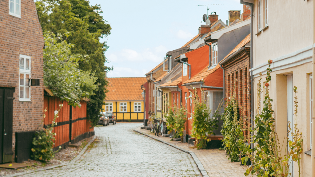 En gade med gamle huse og stokroser i Rønne