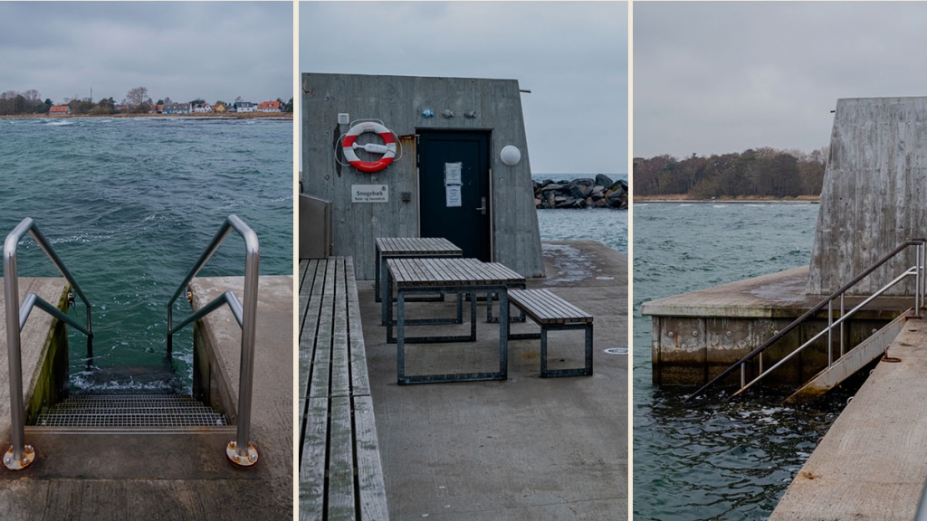 Tre billeder af Snogebæk badeklub med badestiger og sauna