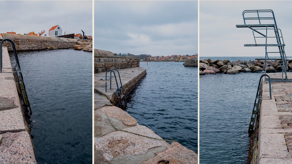 Tre billeder af Svaneke Havn med badestiger og udspringstårn