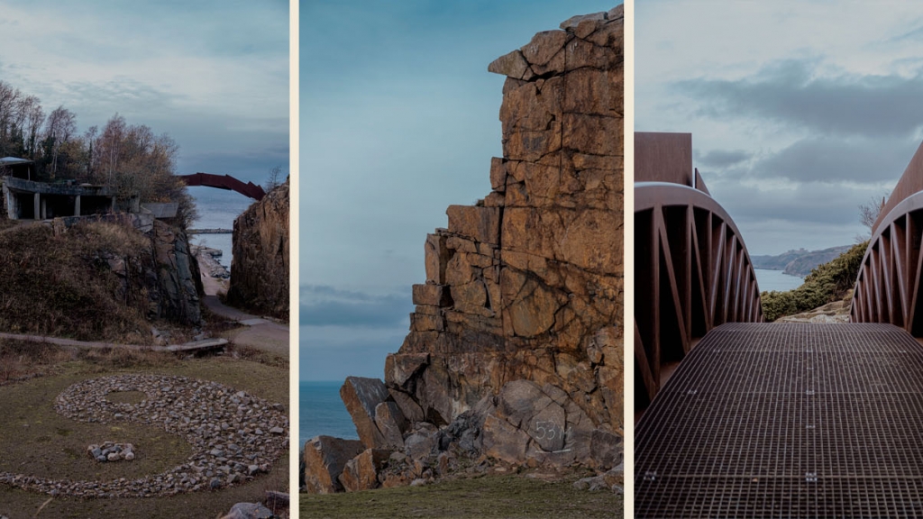 Tre billeder fra Vang Granitbrud af klipper og udsigt fra DGI broen